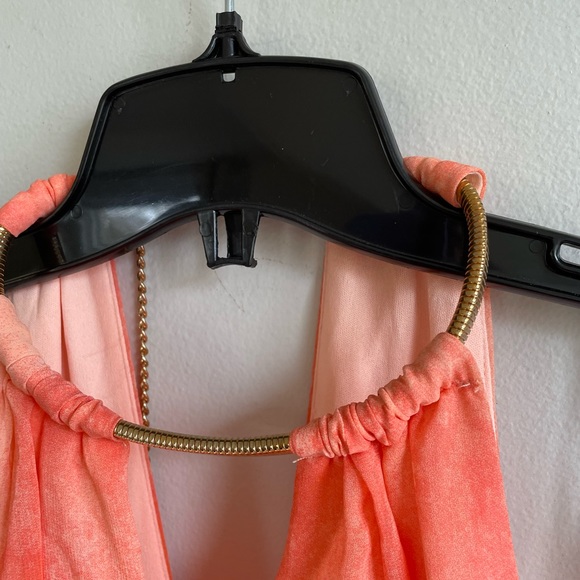 ORANGE SLEEVELESS HALTER MAXI DRESS STRETCH WAIST GOLD NECKLACE CLOSURE - Picture 4 of 13